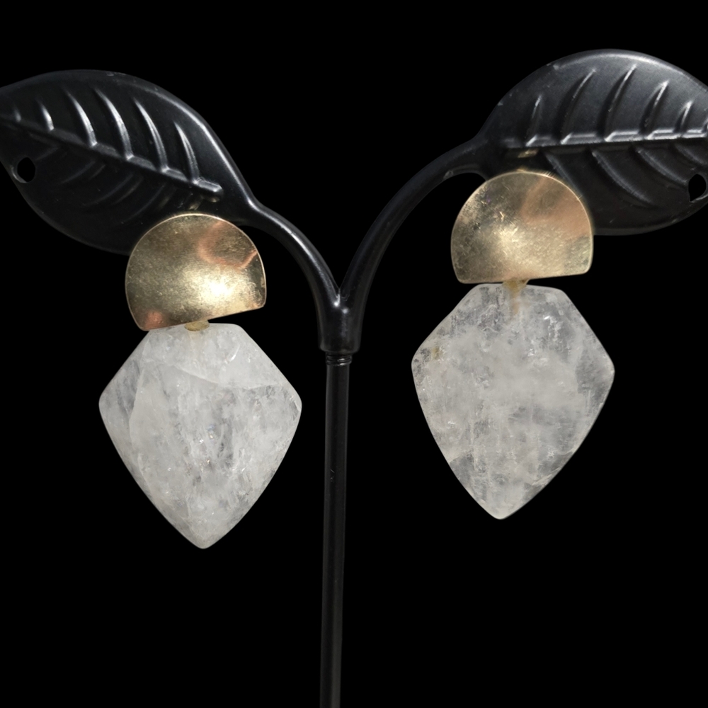 Beveled Clear Quartz and Hammered Gold Toned Drop Post Earrings